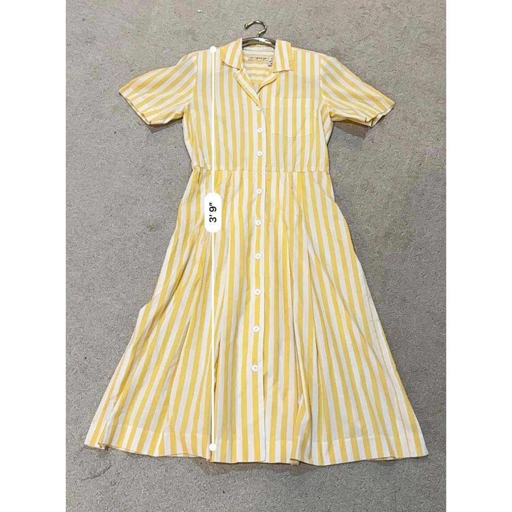 Vtg‎ Liz Claiborne Vintage Yellow White Striped Dress Petite 8 Button Front Midi - Picture 12 of 12